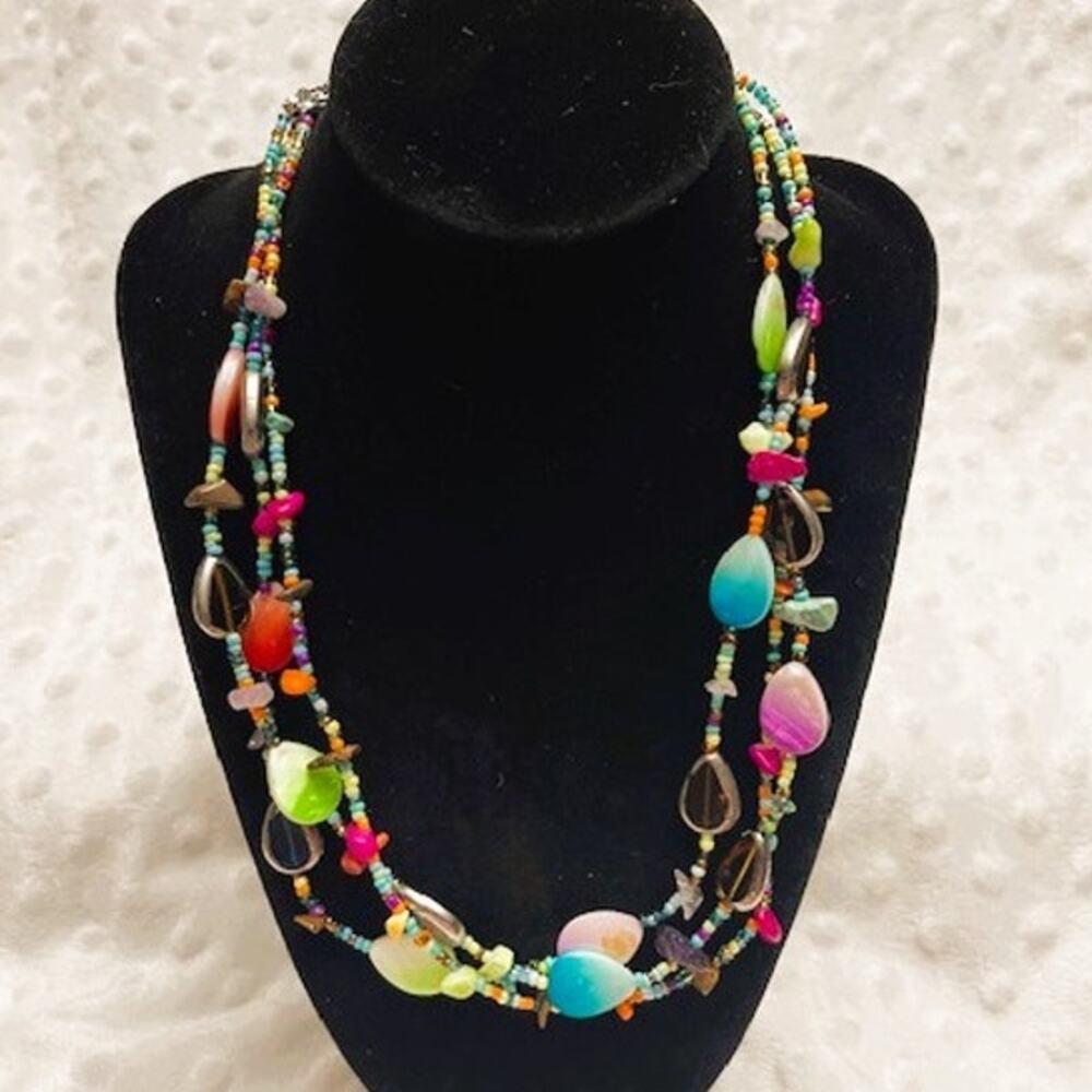 Vintage Multi-Strand, Multi-Color, Glass & Stone Beaded Choker Style Necklace